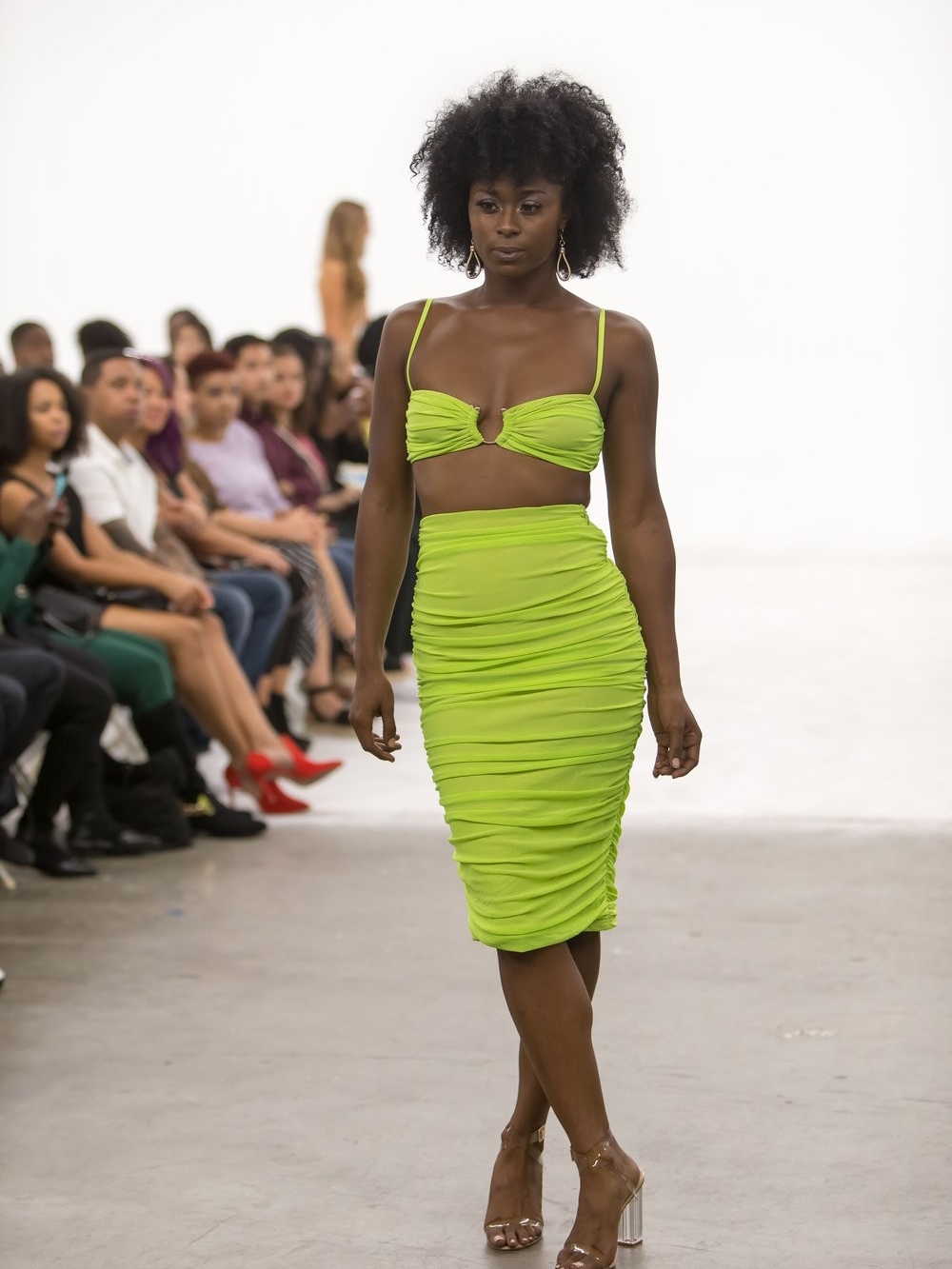 Ruched Lime Green Pencil Skirt - Women's Stretch Midi and top